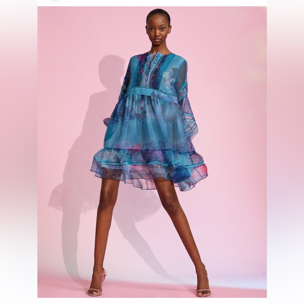 Cynthia Rowley Teal Watercolor Organza Mini Dress - size Small - PRISTINE